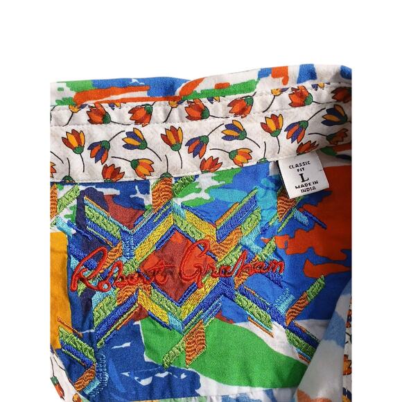 Robert Graham Graffiti Colorful Short Sleeve Shirt Sz Large Summer Party Rare - Picture 13 of 14